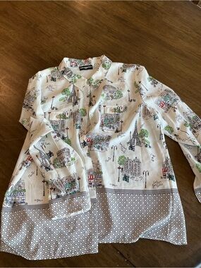 Karl Lagerfeld White Button-Down Shirt with Multicolor Paris Sketch Print